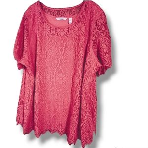 Jessica London Women's Plus Sz 26/28 Short slv Pink lace lined blouse scalloped.